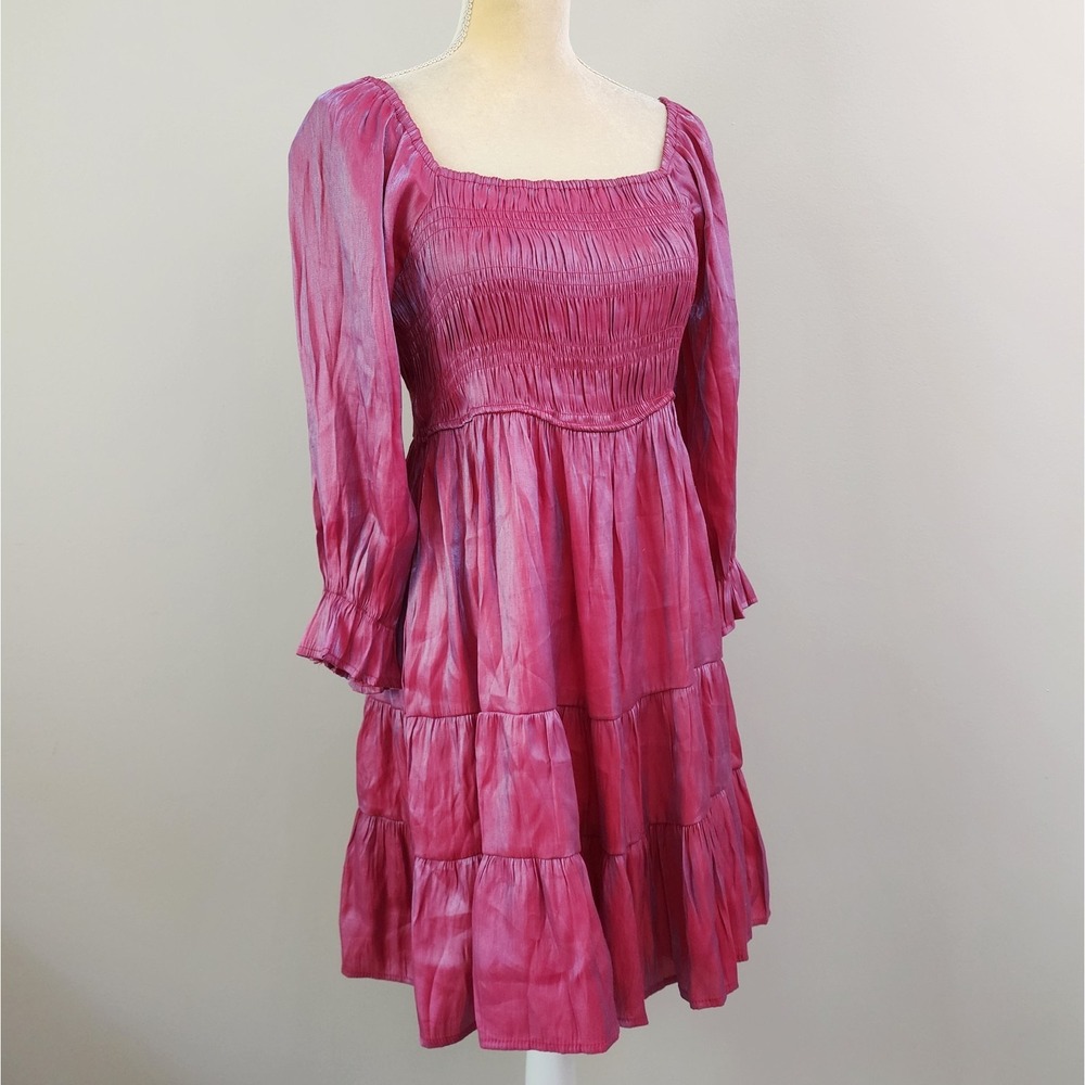 UMGEE Size Large Iridescent Fuchsia Pink Smocked Long Sleeve Tiered Mini Dress - Picture 1 of 7